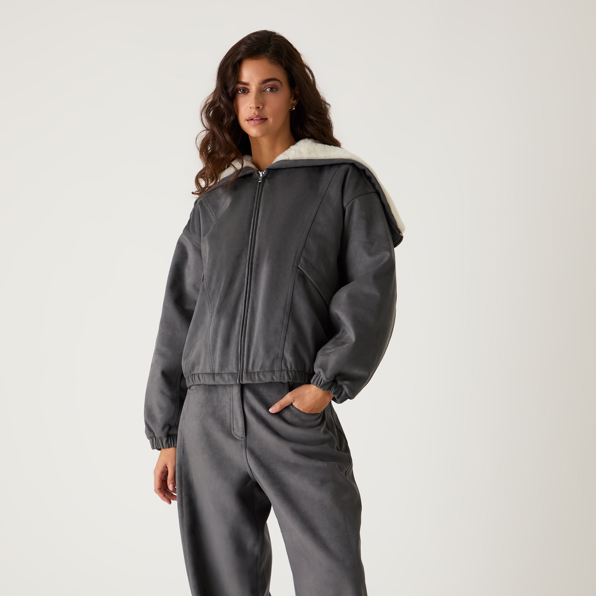 Kith Women Nylas Microsuede Zip Hooded Bomber - Asteroid | Kith Asteroid