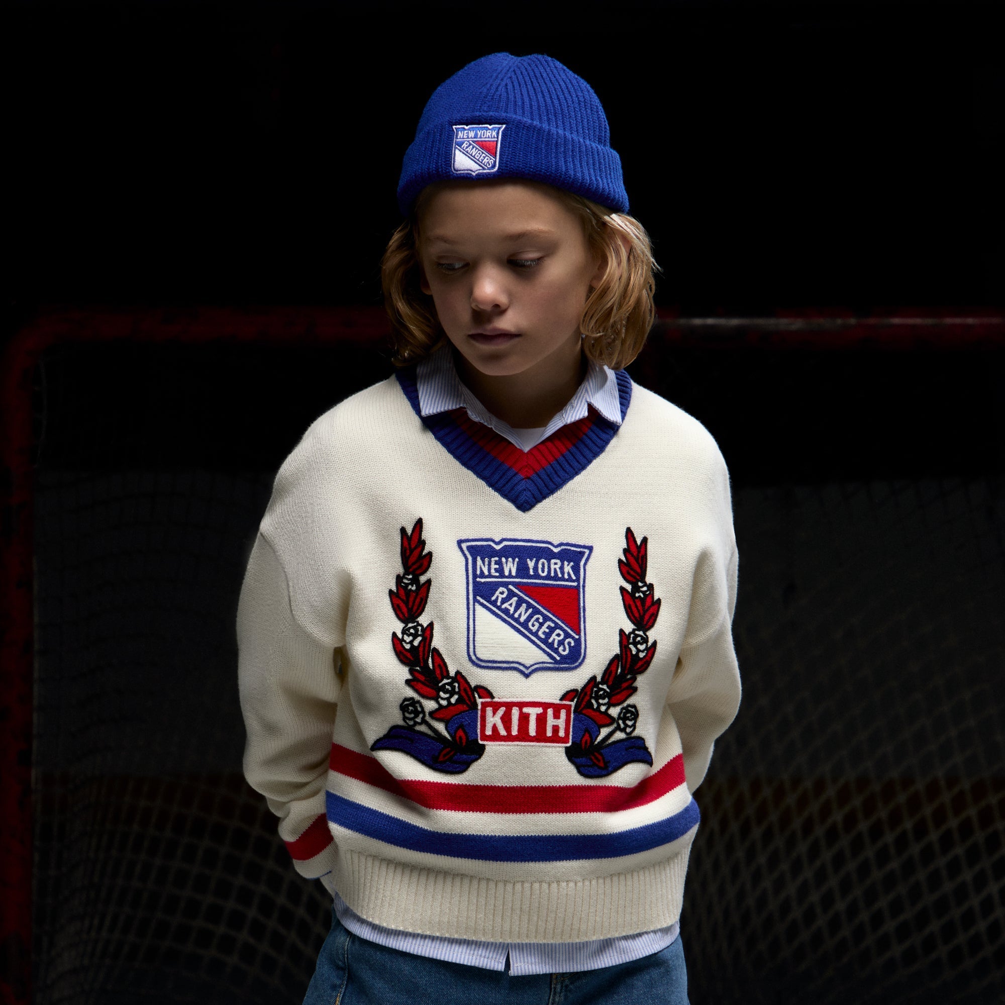 Kith Kids for the New York Rangers V-Neck Lewis Sweater - Sandrift | Kith Sandrift