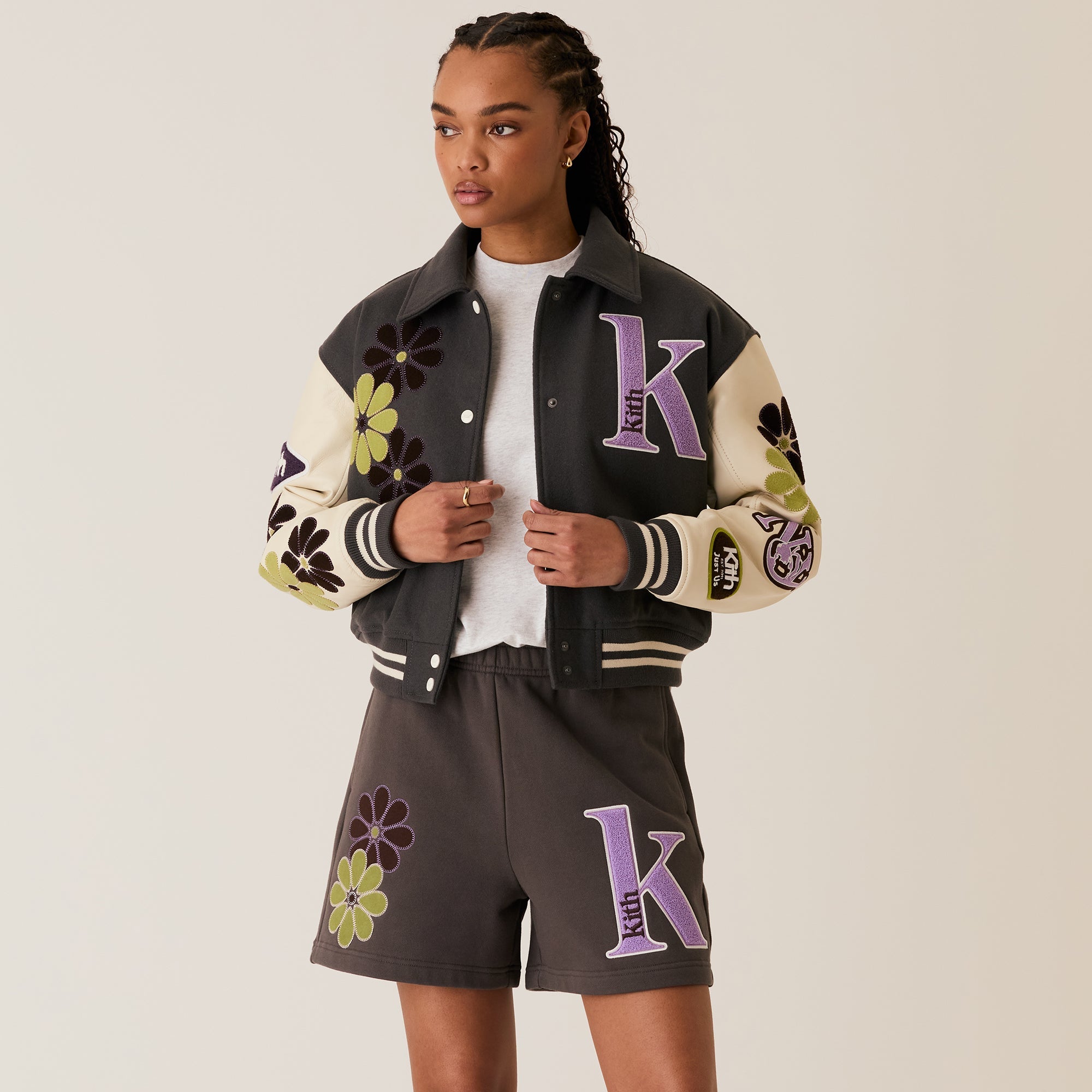 Kith Women Campbell Cropped Floral Varsity Jacket - Hematite | Kith Hematite