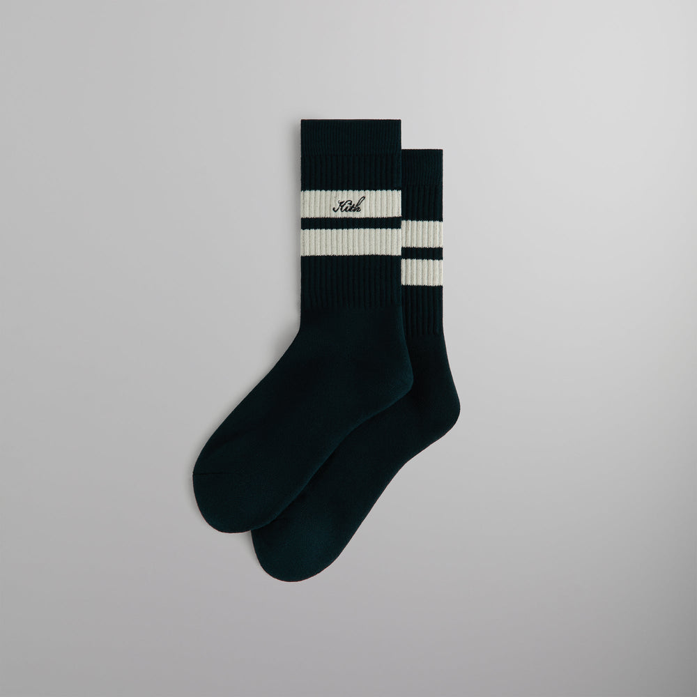 Kith Double Stripe Script Embroidered Cotton Crew Socks - Stadium | Kith Stadium