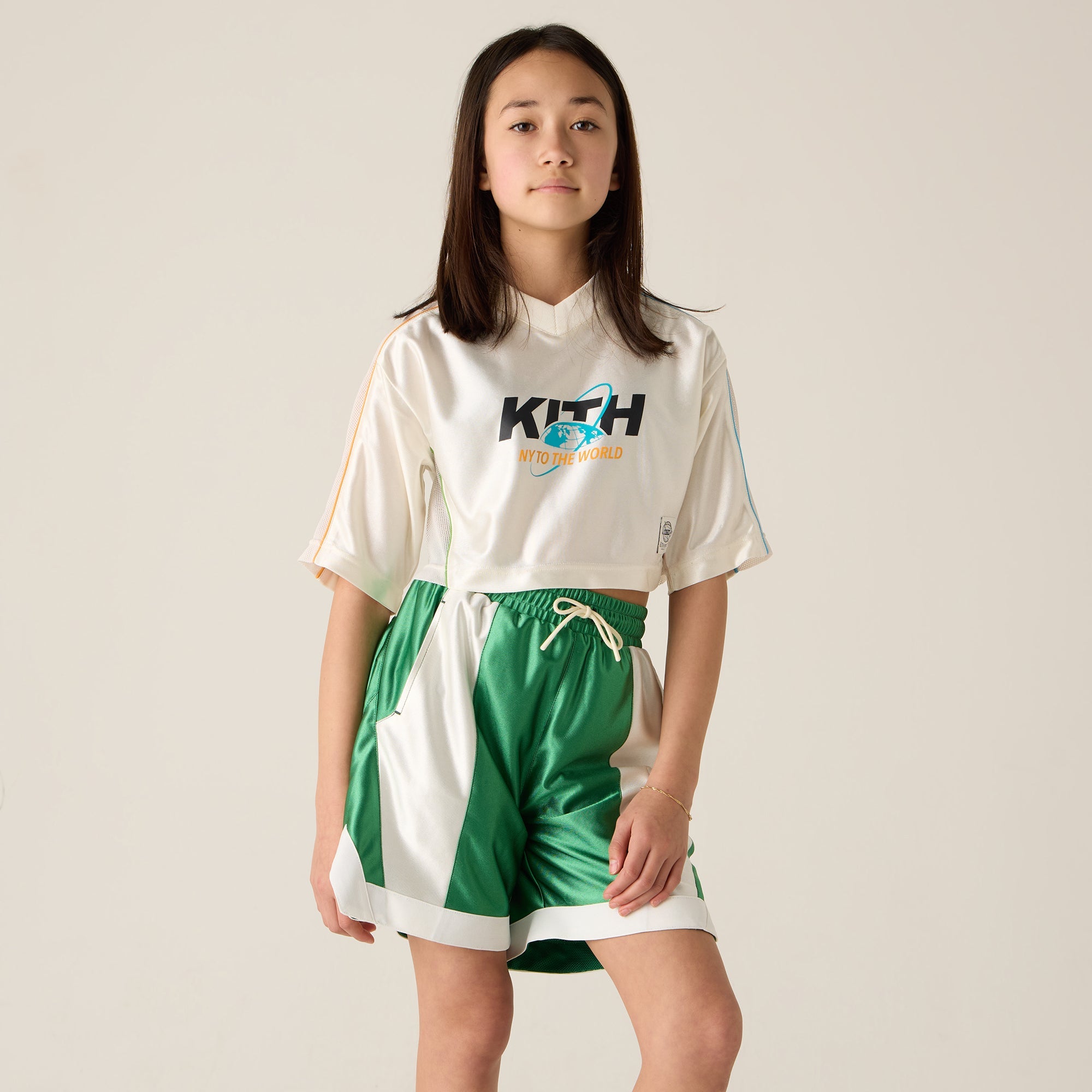 Kith Kids NY to the World Unisphere Faille Crop Jersey - Sandrift | Kith Sandrift